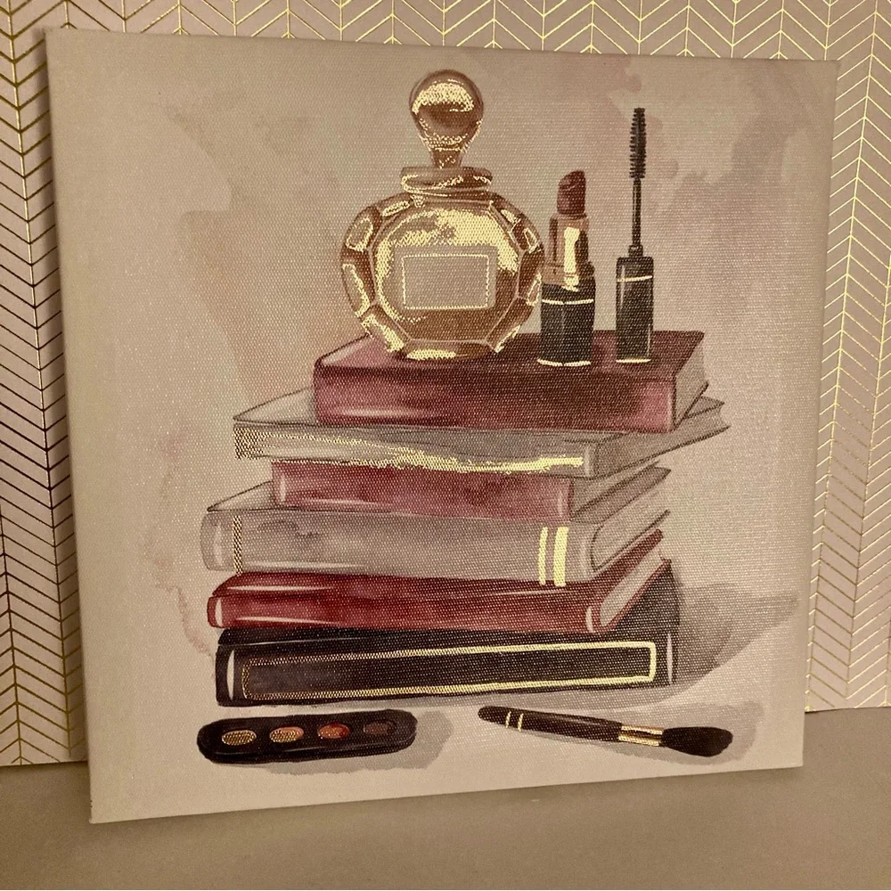 NEW Makeup and Books Canvas Wall Art Burgundy Gold Beauty Glam Home Decor